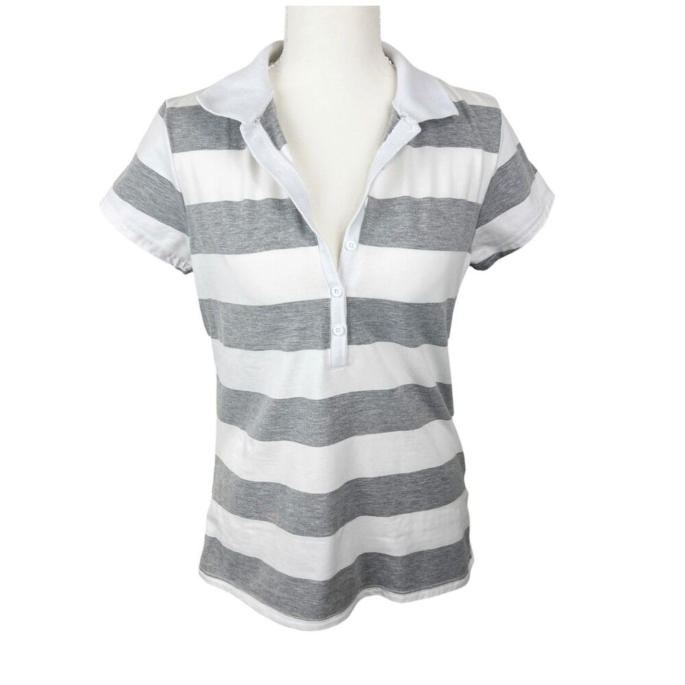 Forever 21 Polo Shirt Women Extra Large Grey White Striped Stretch Juniors Tee